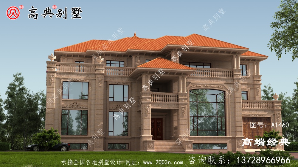 欧式石材三层别墅外观图，既美观又气派